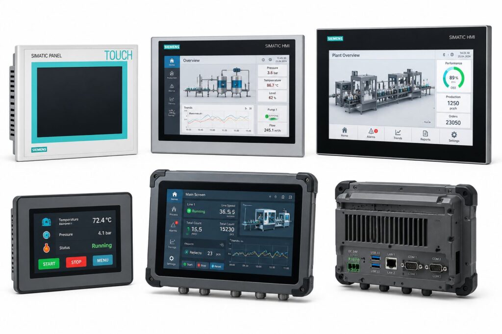 Семейство промышленных сенсорных панелей Siemens SIMATIC: HMI-экраны для визуализации и управления производственными процессами.