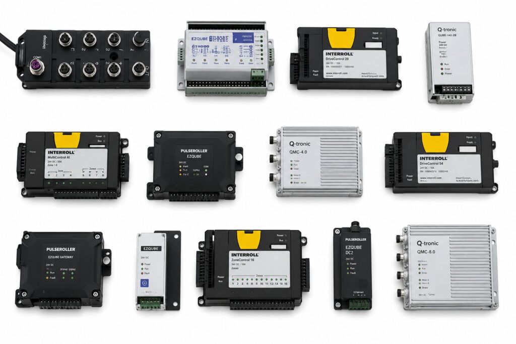 Линейка блоков управления мотороликами: контроллеры Interroll (DriveControl, ZoneControl), Pulsaroller EZQUBE и Q-tronic QMC для автоматизации конвейерных линий